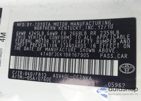 2011 Toyota Camry Le z USA, uszkodzony, nr VIN 4T4BF3EK1BR167905